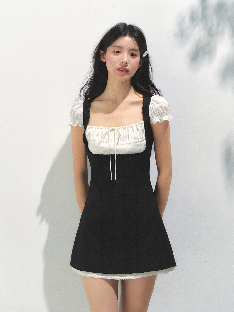 Black-White Contrast Two-piece Square Neck Dress