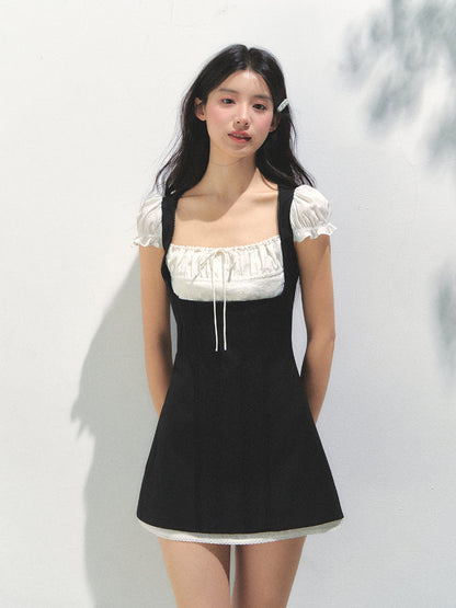Black-White Contrast Two-piece Square Neck Dress