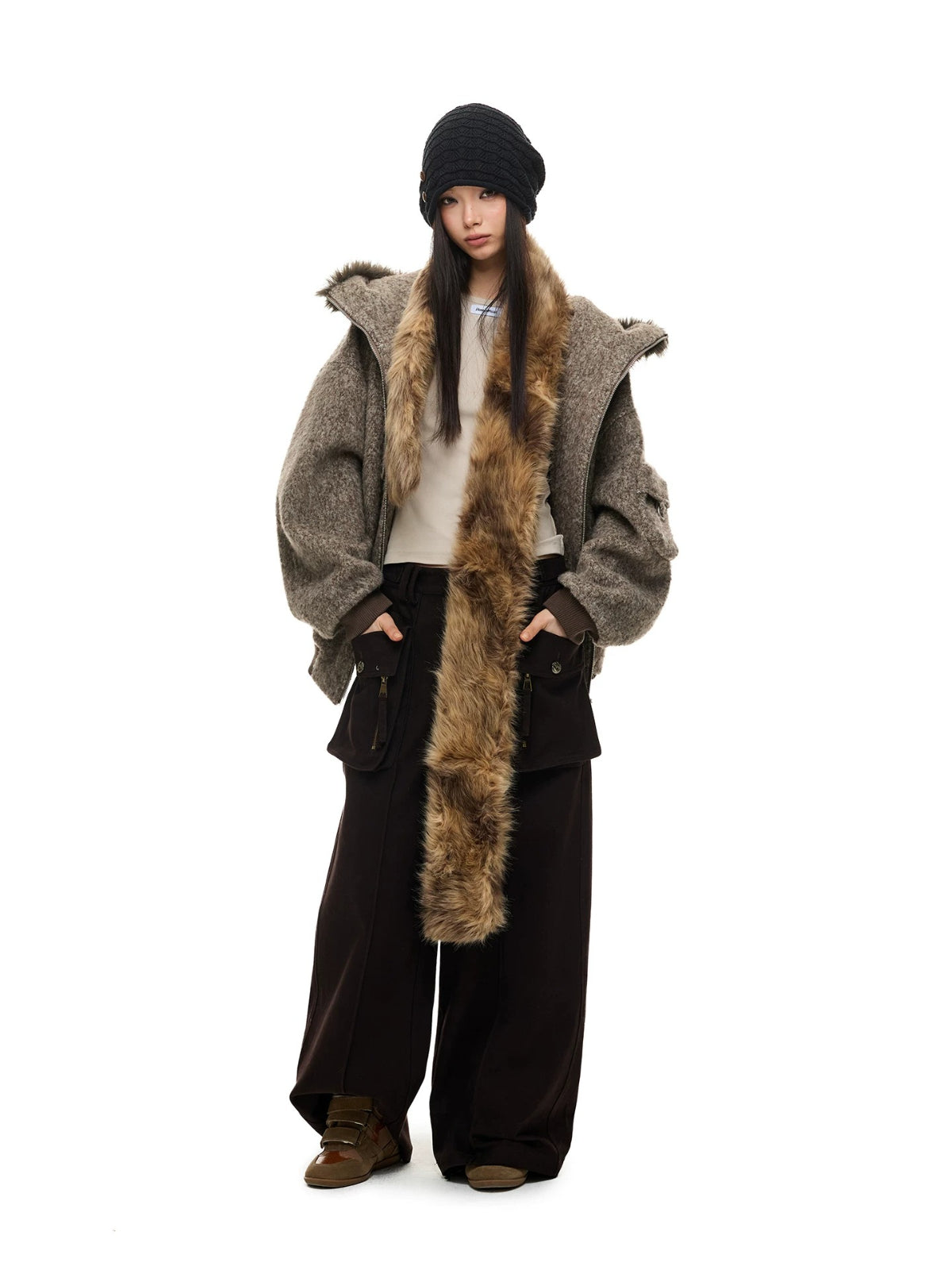 Fur Collar Hooded Wool Coat