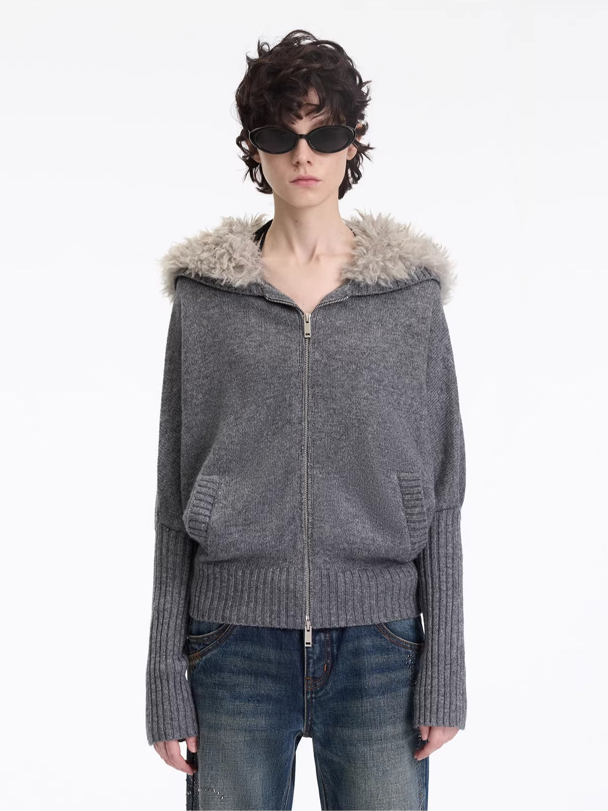Hooded Fur Collar Knit Cardigan