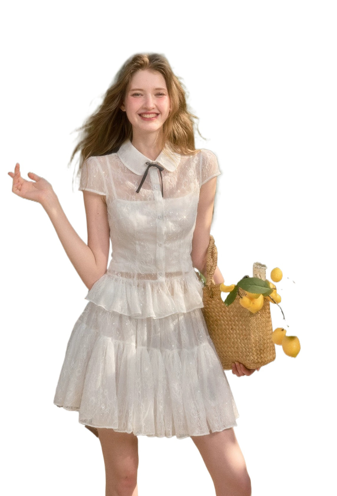 White Shimmer Lace Shirt &amp; Skirt Set