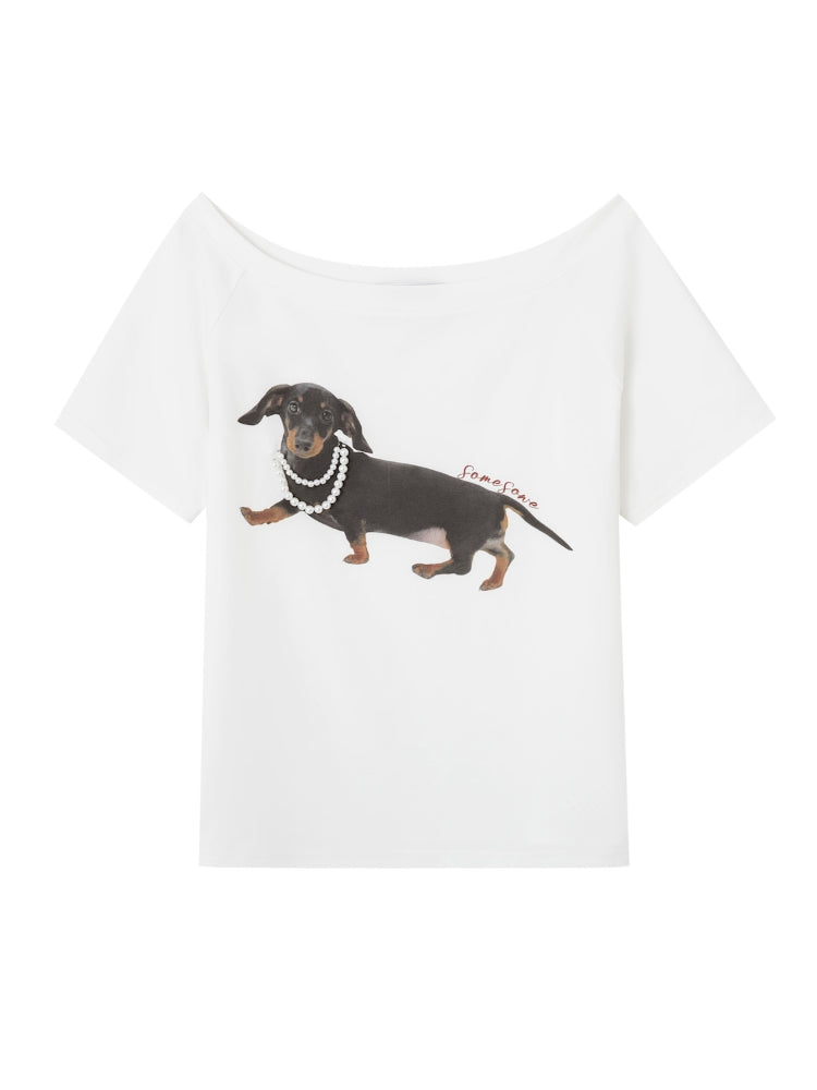 Off-Shoulder Pearl Embroidered Asymmetrical T-shirt