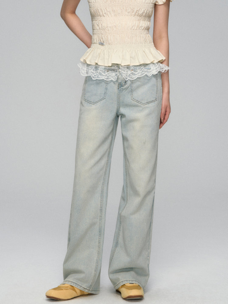 Lace-Trimmed Washed Straight-Leg Jeans Set