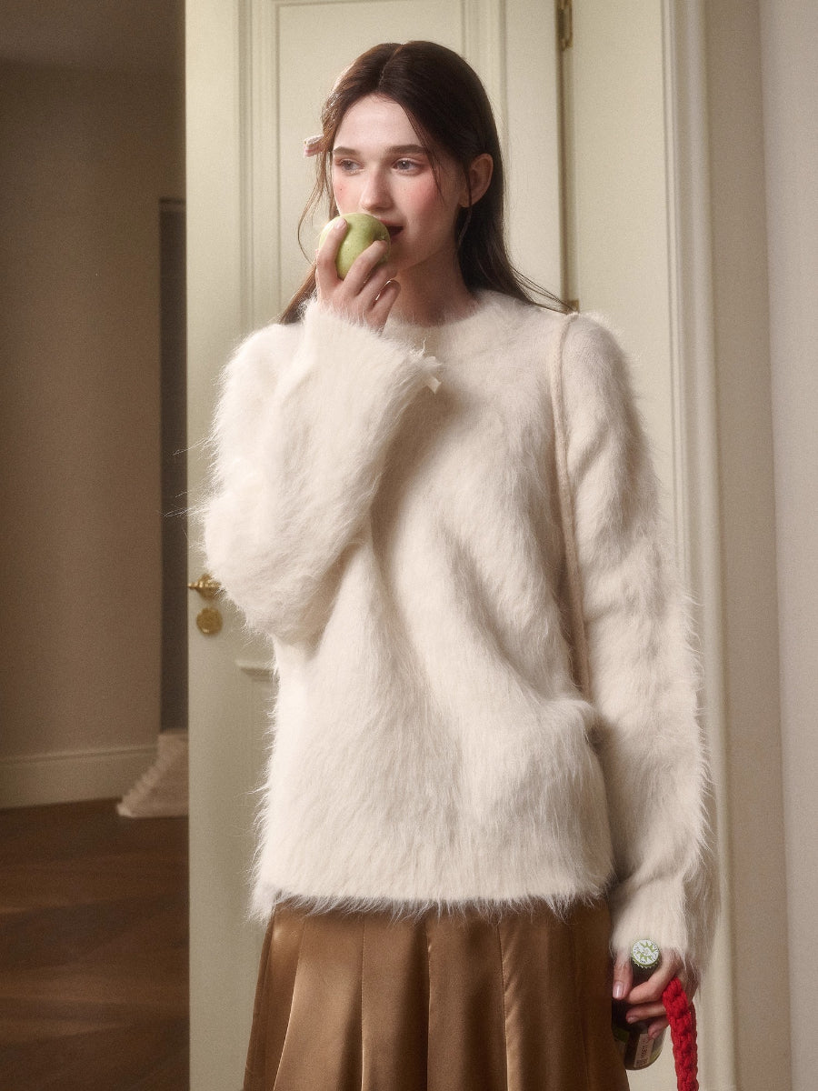 Little Lamb Alpaca-Cashmere Long Plush Crewneck