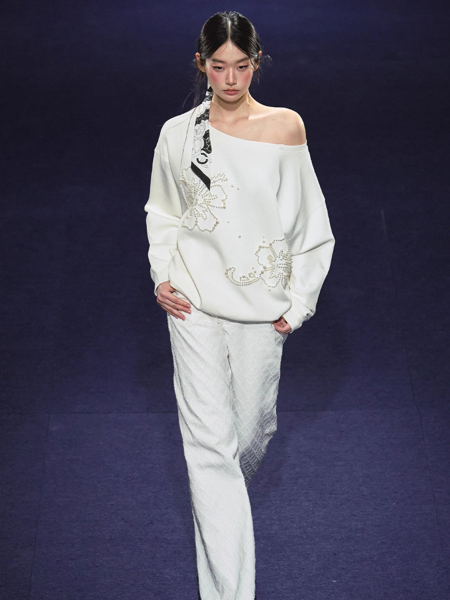 Beaded Off-shoulder Silhouette Sweatshirt