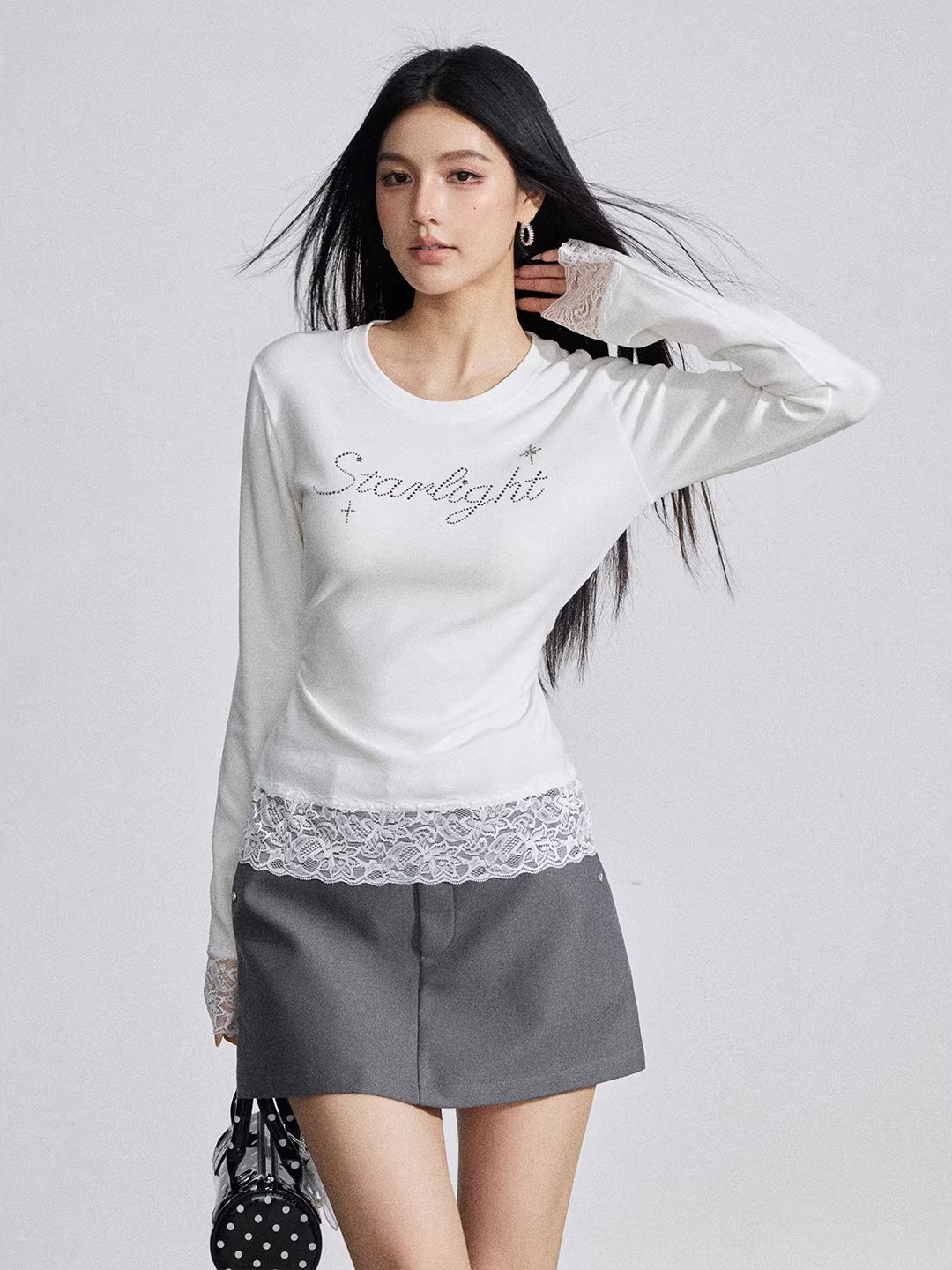 Beige Rhinestone Lace T-Shirt