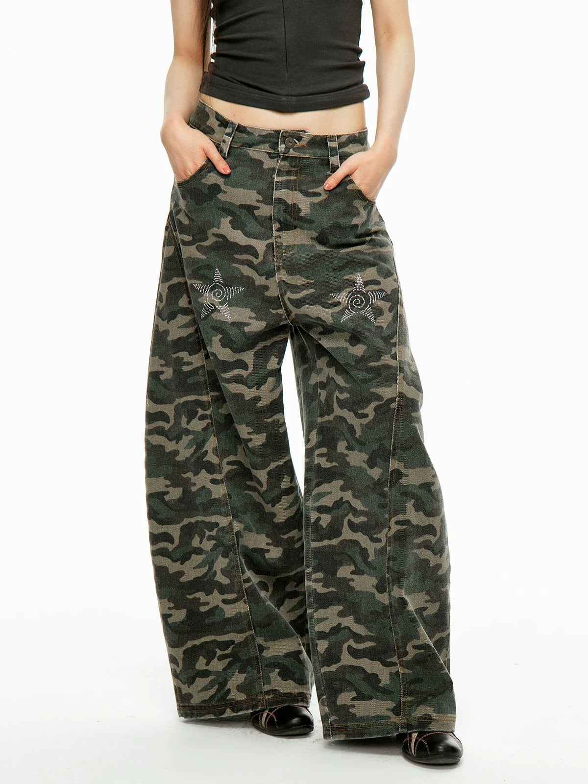 Washed Camo Wide Leg Jeans