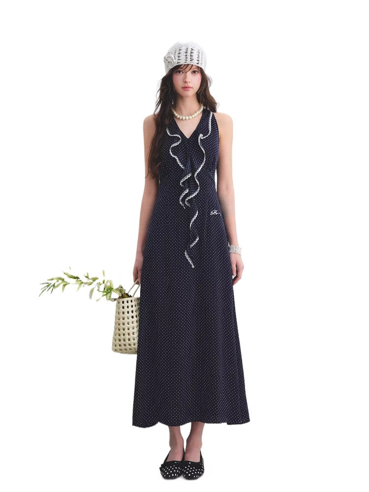 Navy Blue Polka Dot Ruffle Dress