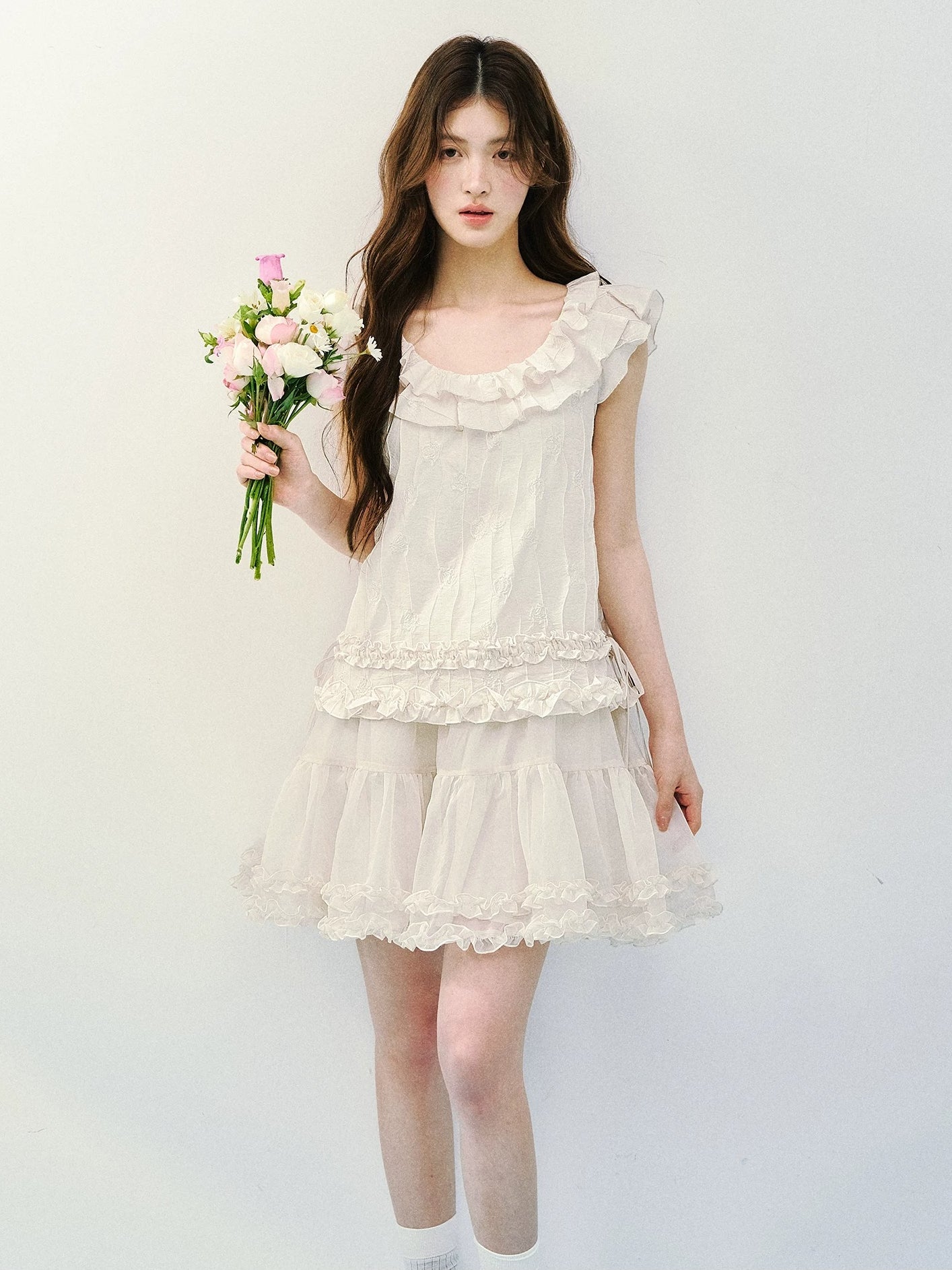 Beige Ruffle Drawstring Dress
