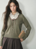 Floral Collar Bow Cable Knit Sweater