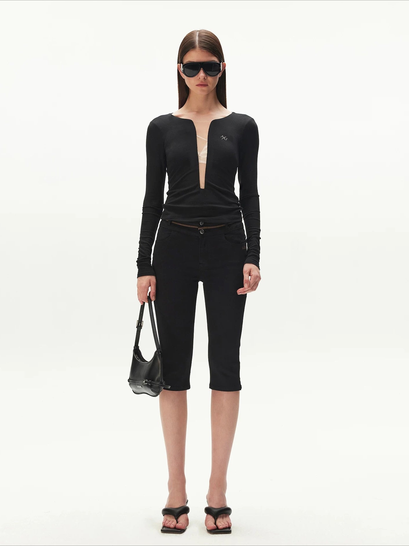Contrast-Panel Capri Denim Shorts