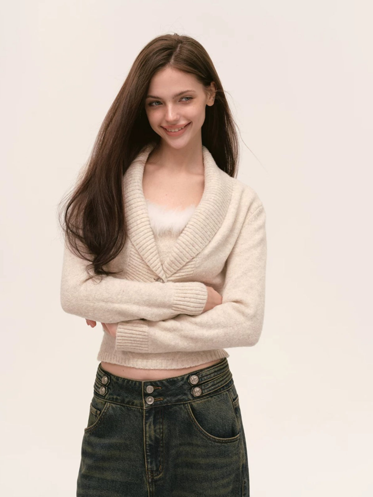 Fur Trimmed Camisole &amp; Cardigan Set