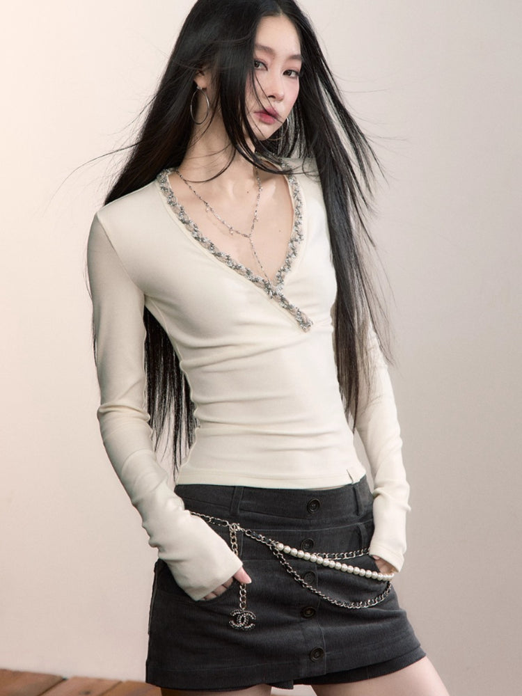 V-Neck Beaded Trim Knit Top