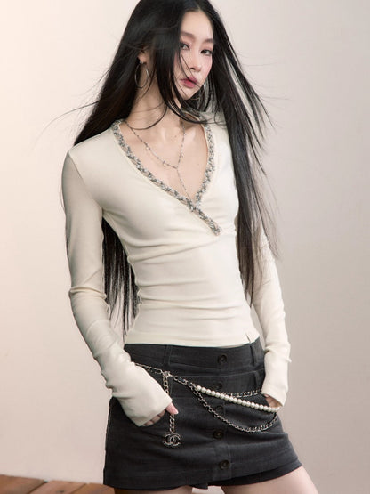 V-Neck Beaded Trim Knit Top