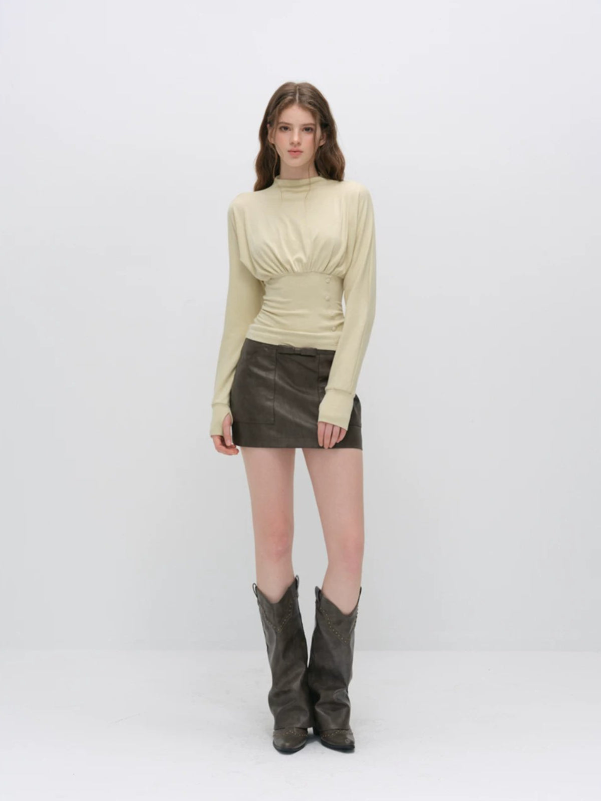 Ruched Waist Mock Neck Top
