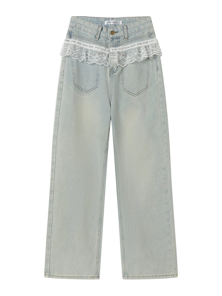 Lace-Trimmed Washed Straight-Leg Jeans Set