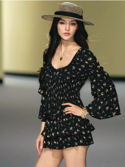 Floral Ruffle Sleeve Skirt Set