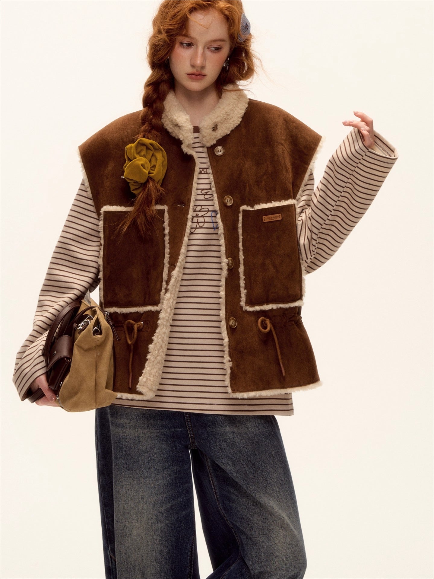 Reversible Suede Drawstring Shearling Vest