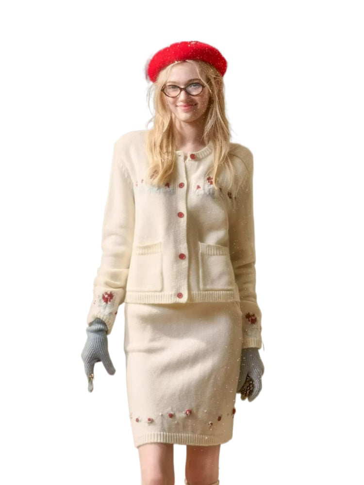 Fair Isle Rose Embroidered Cardigan &amp; Skirt Set