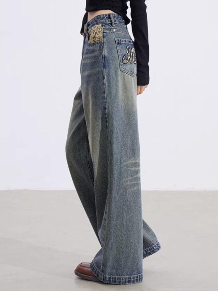 Leopard Patchwork Wide-Leg Jeans