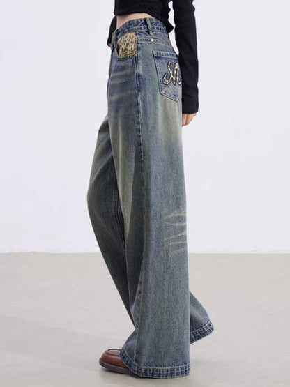 Leopard Patchwork Wide-Leg Jeans