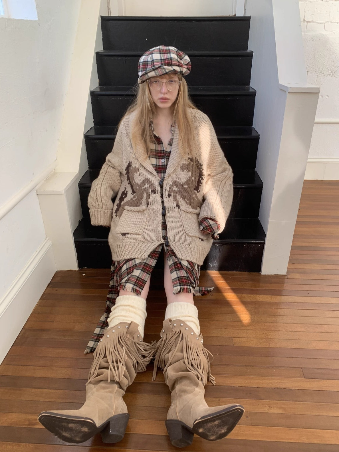 Pony Jacquard Horn-Button Chunky Cardigan