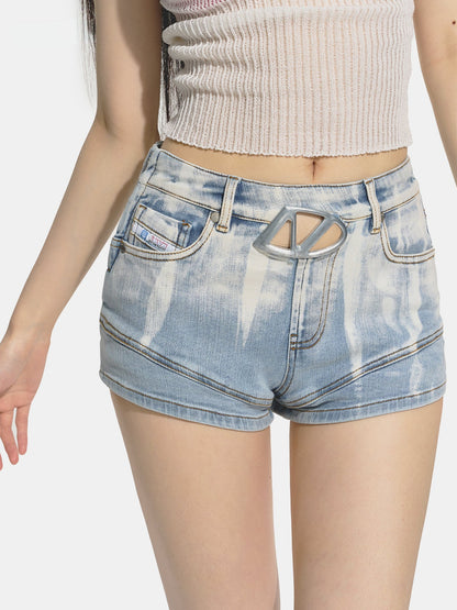 Gradient Floral Elastic Skinny Denim Shorts