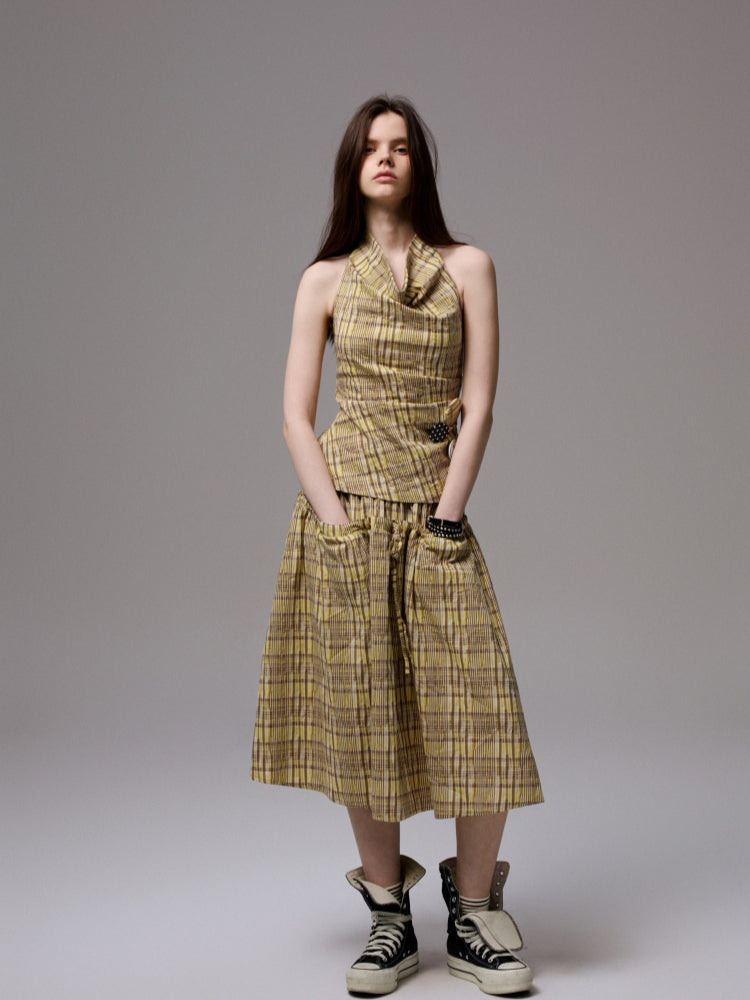 Plaid Halter Neck Backless Tank Top &amp; Midi Skirt Set