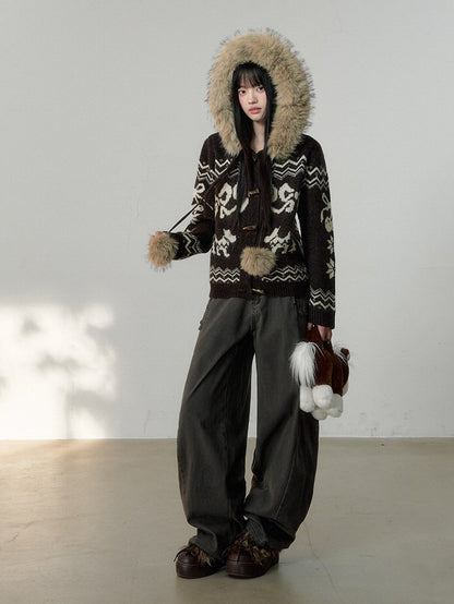 Fair Isle Fur Collar Toggle Knit Coat