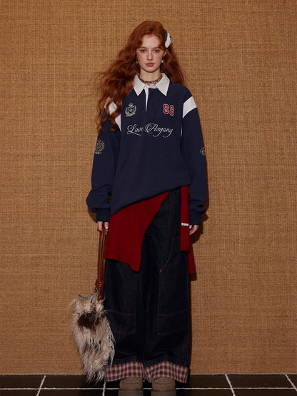 Contrast Collar Embroidered Drawstring Sweatshirt