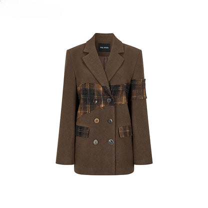 Wool Plaid Patchwork Mid-Length Coat