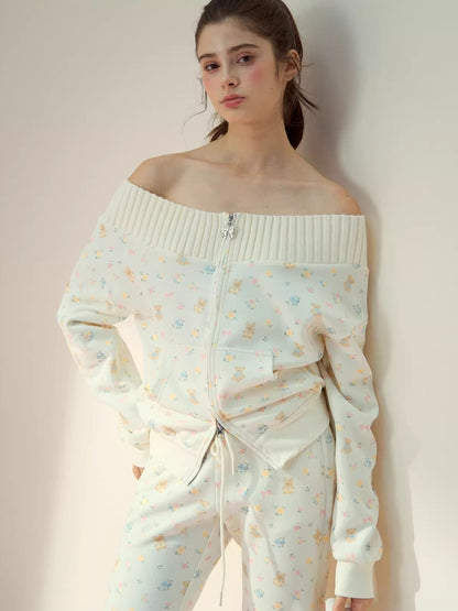 Floral Bear Bunny Off-Shoulder Sweatshirt &amp; Pants Set