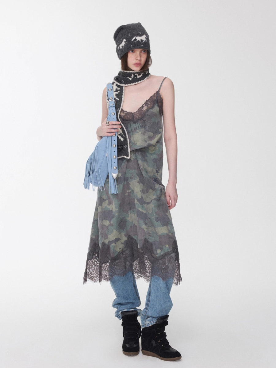 Camouflage Lace Trim Slip Dress