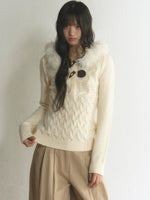 Fur-Trimmed Hooded Toggle Cable-Knit Sweater