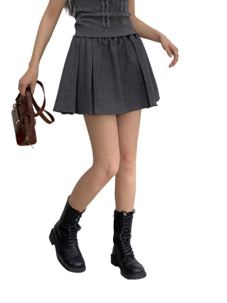 Grey Elastic Waist Pleated Skirt