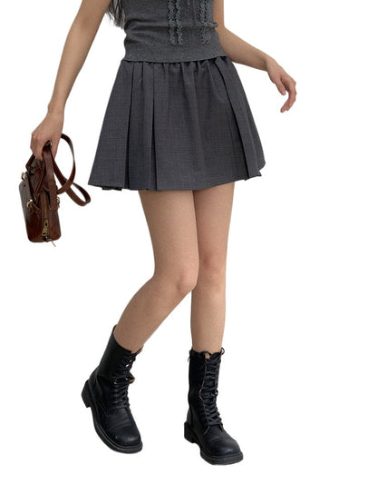 Grey Elastic Waist Pleated Skirt