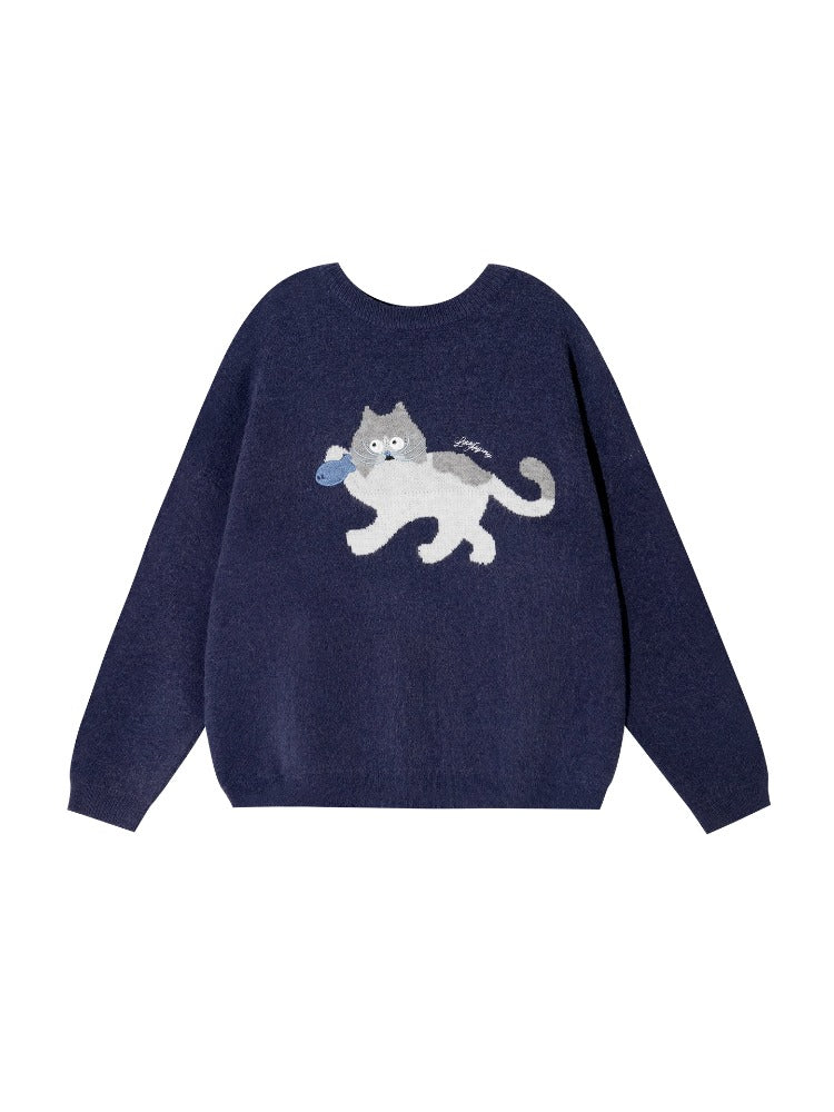 Cat Embroidery Jacquard Knit Sweater