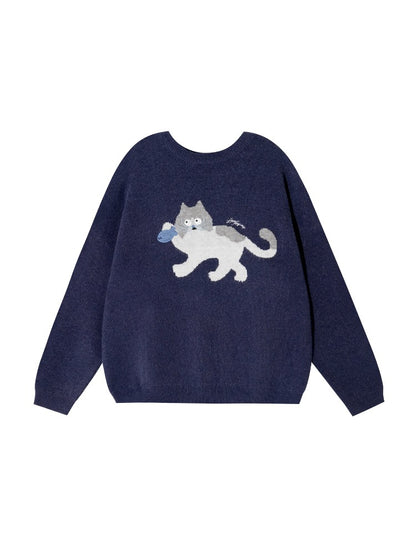 Cat Embroidery Jacquard Knit Sweater