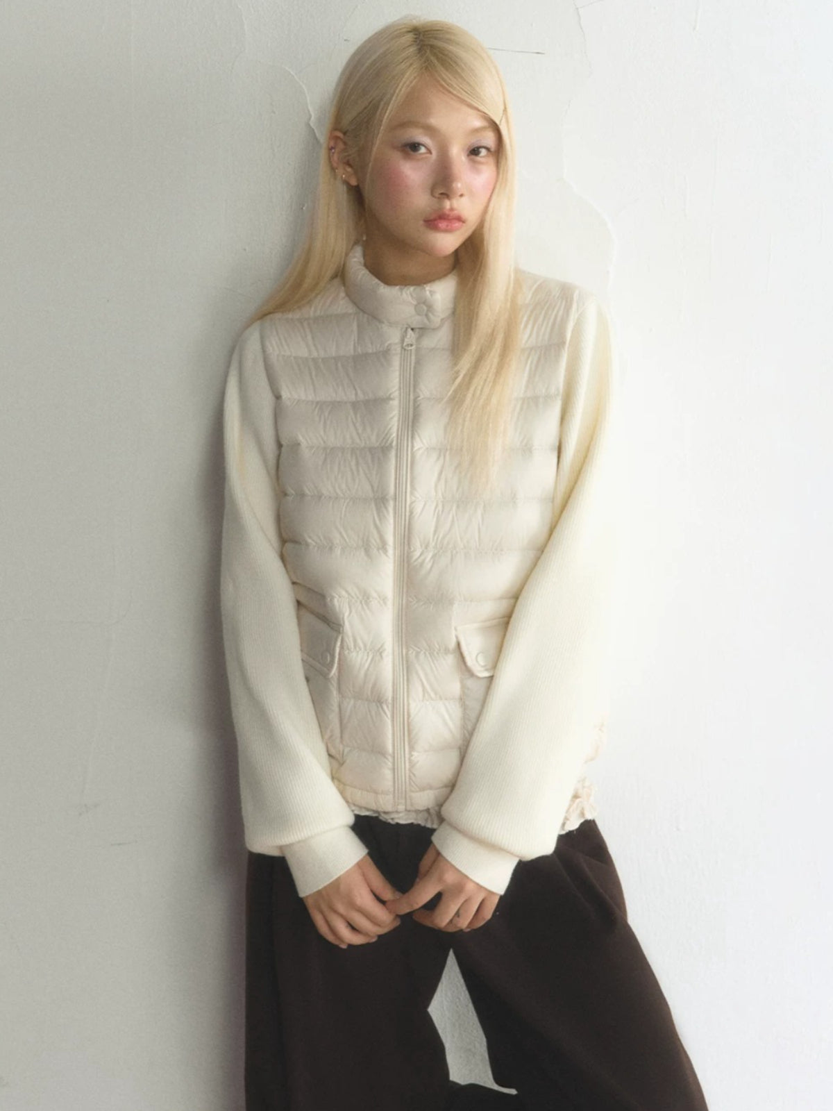 Stand Collar Knit Sleeve Down Jacket