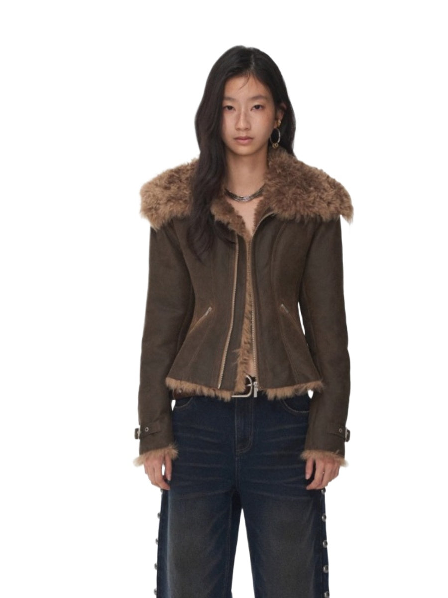 Washed Faux Shearling Fitted Jacket