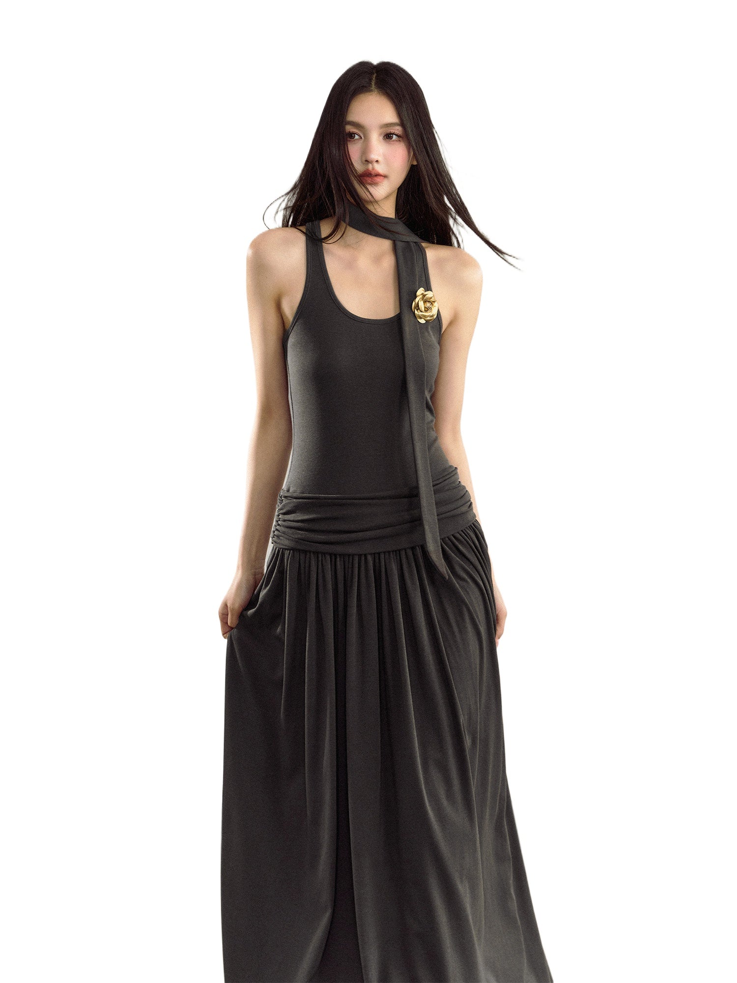 Ruched Waist A-Line Knit Slip Dress