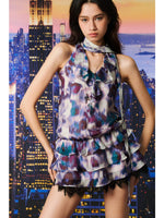 Purple Patterned Halter Lace Dress