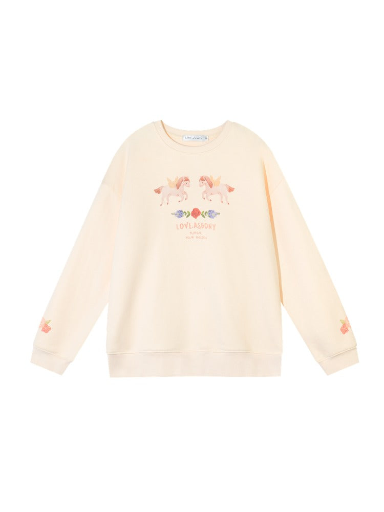 Floral Pony Print Fleece-Lined Pullover Sweatshirt