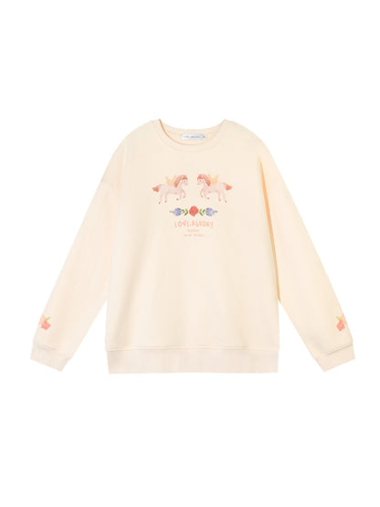 Floral Pony Print Fleece-Lined Pullover Sweatshirt