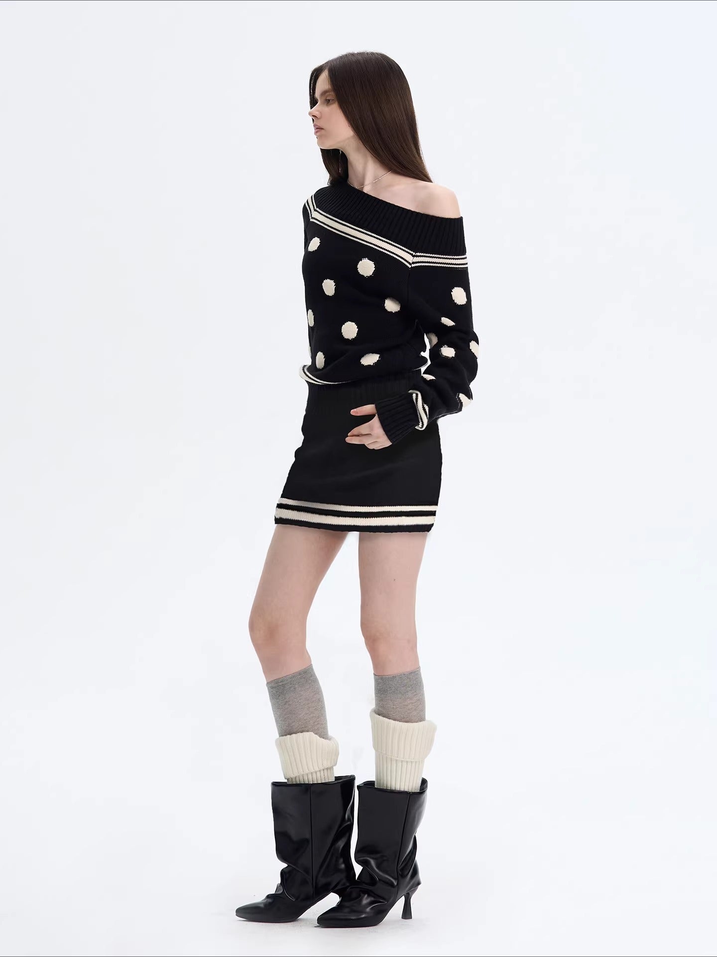 Color-block Striped Polka Dot Knit Dress