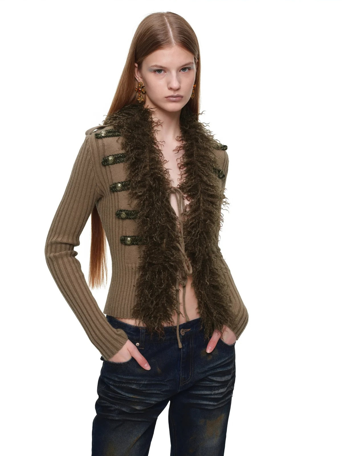 Napoleon Fur Collar Ribbed Cardigan