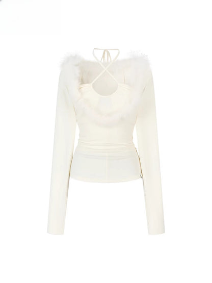 Fox-Trim Halter Knit Top