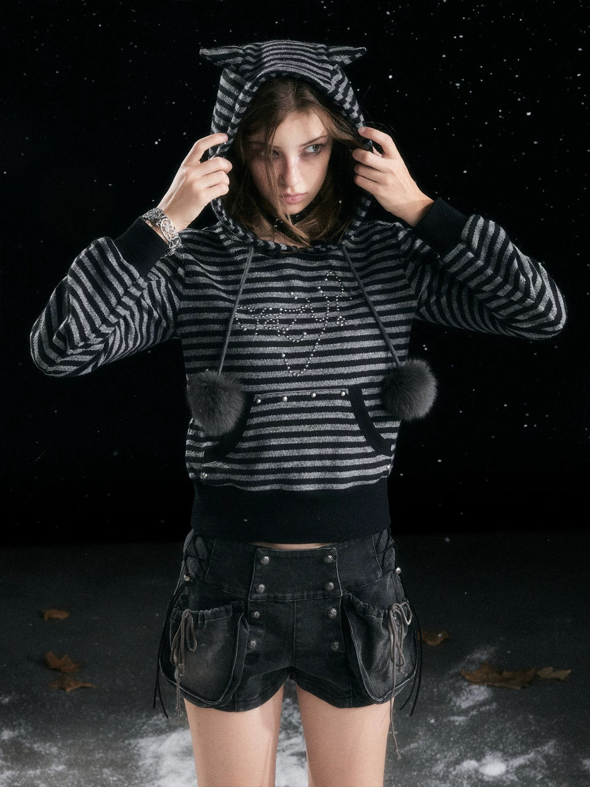 Striped Cat Ear Knit Hoodie