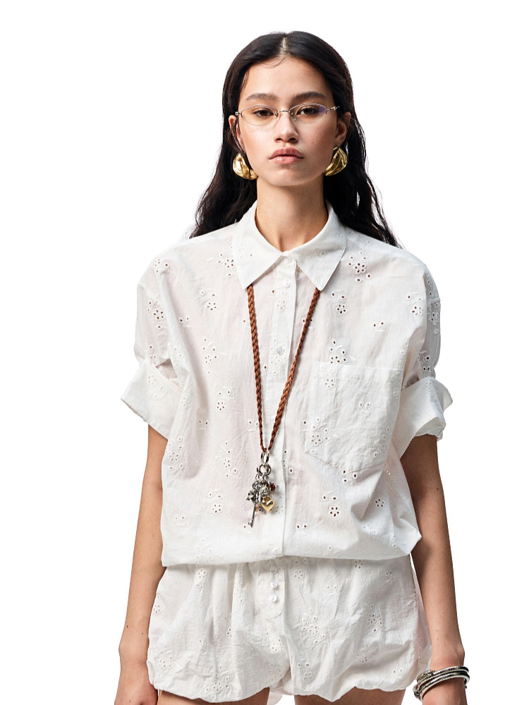 Medium-Sleeve Jacquard Shirt &amp; Shorts Set
