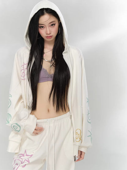 Green &amp; Beige Printed Hoodie Set